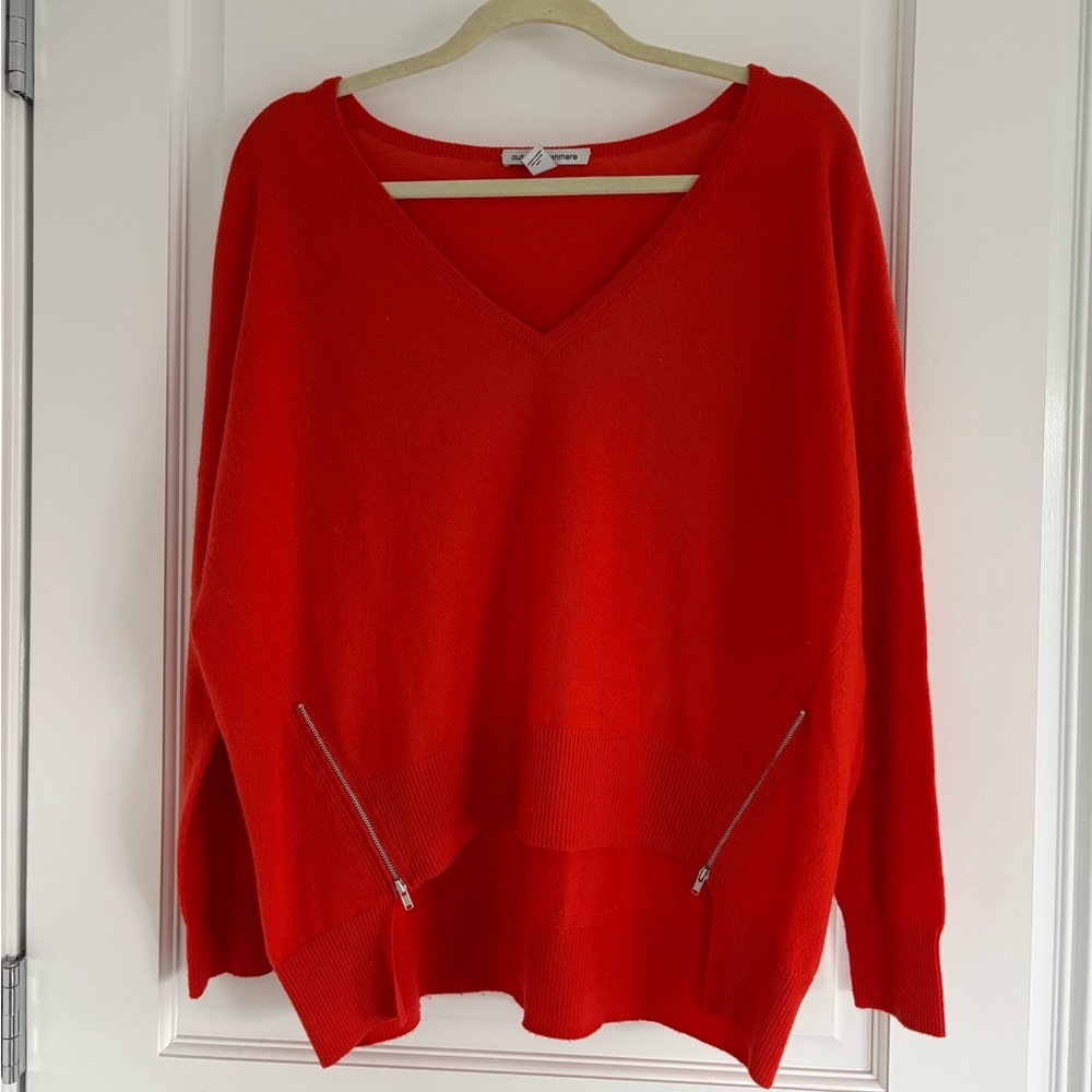 Autumn Cashmere Bright Coral V-Neck Oversized Sweater with Front Zip Pockets